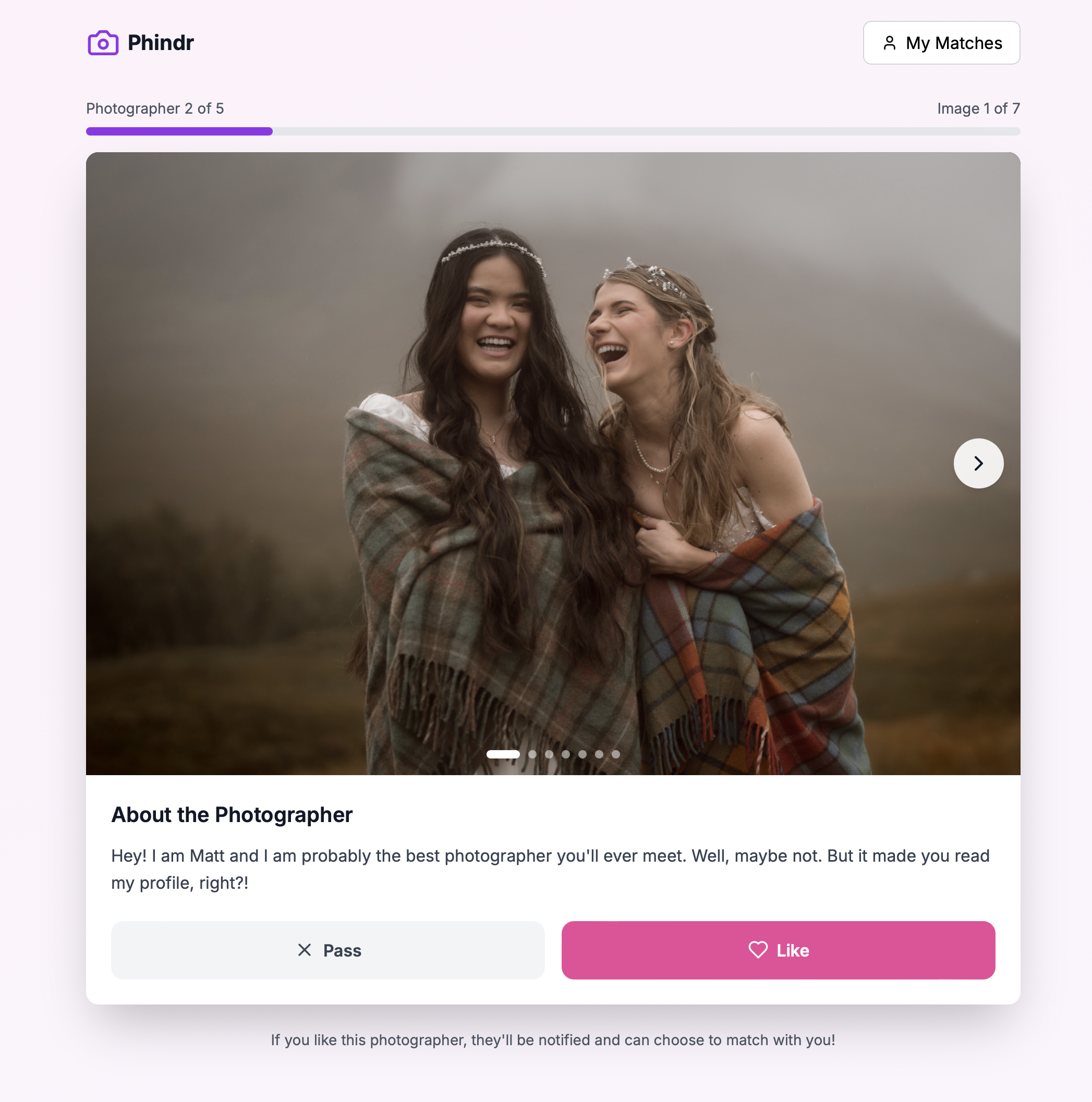 Phindr app showing photographer portfolio swiping interface