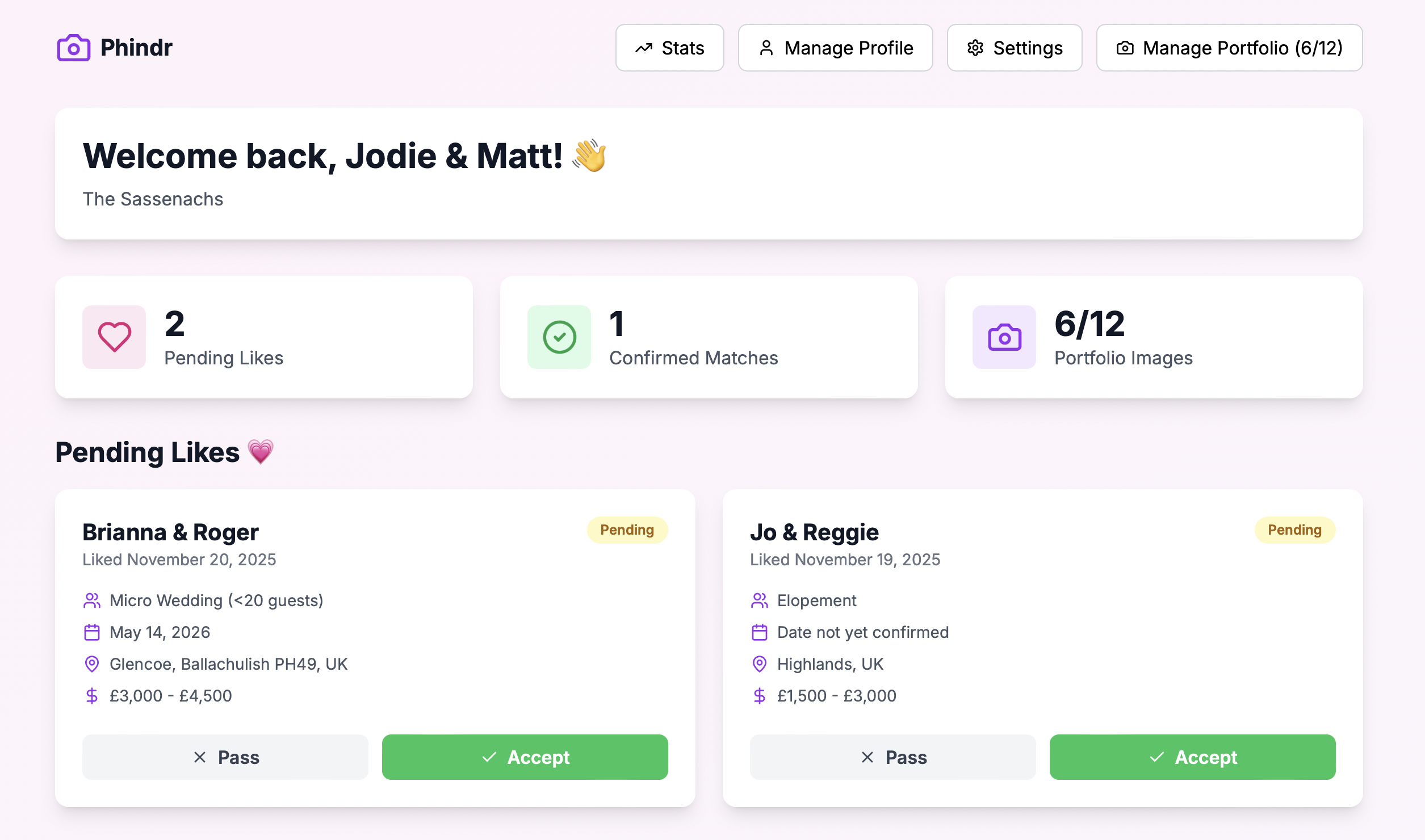 Photographer dashboard showing pending likes and confirmed matches