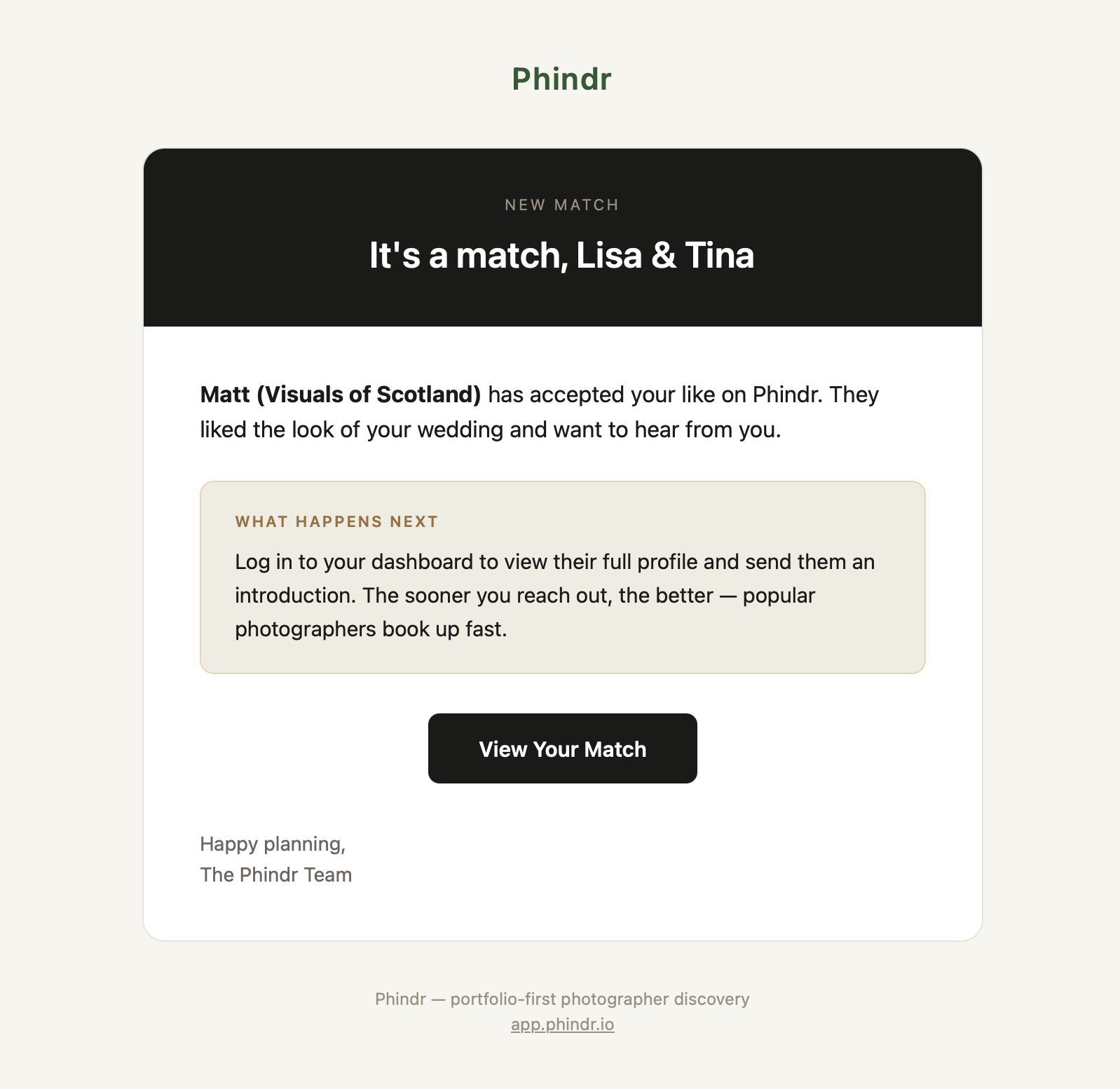 Phindr match notification showing photographer details revealed after matching