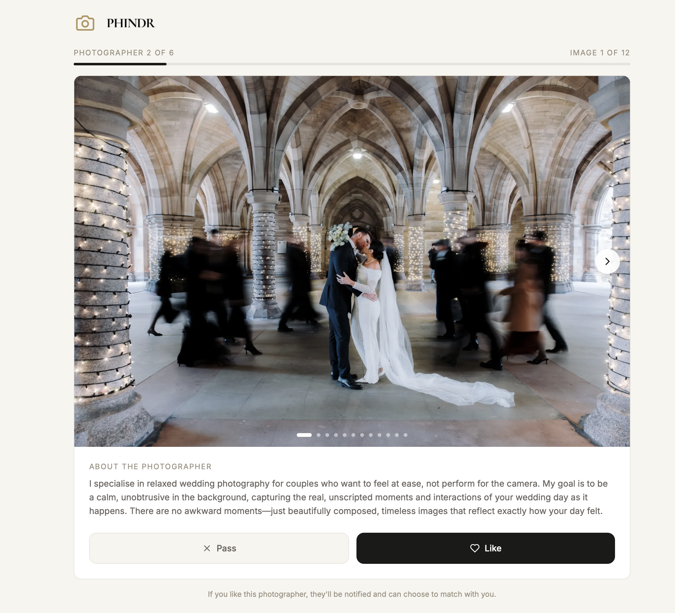 Phindr portfolio card showing wedding photography with Like and Pass buttons