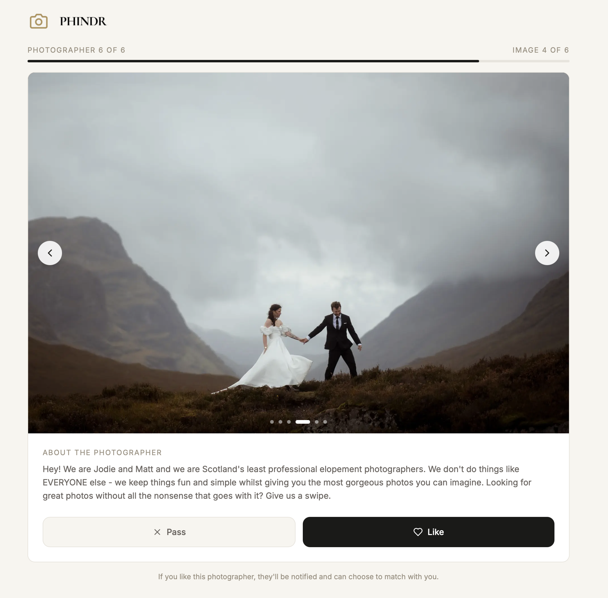 Phindr portfolio card showing a different photographer's style with Like and Pass buttons